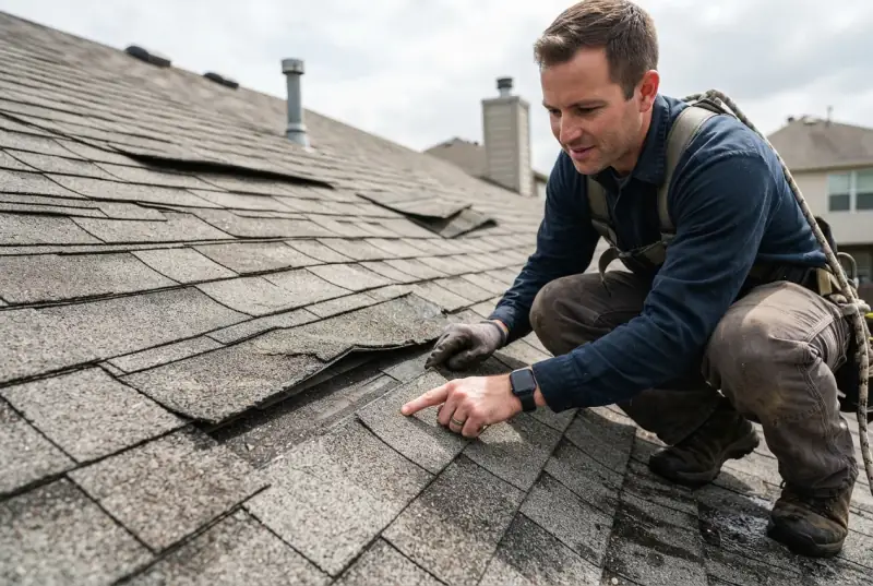 Roofing inspector on a shingle roof lifting a wind-creased shingle tab away from the course below it